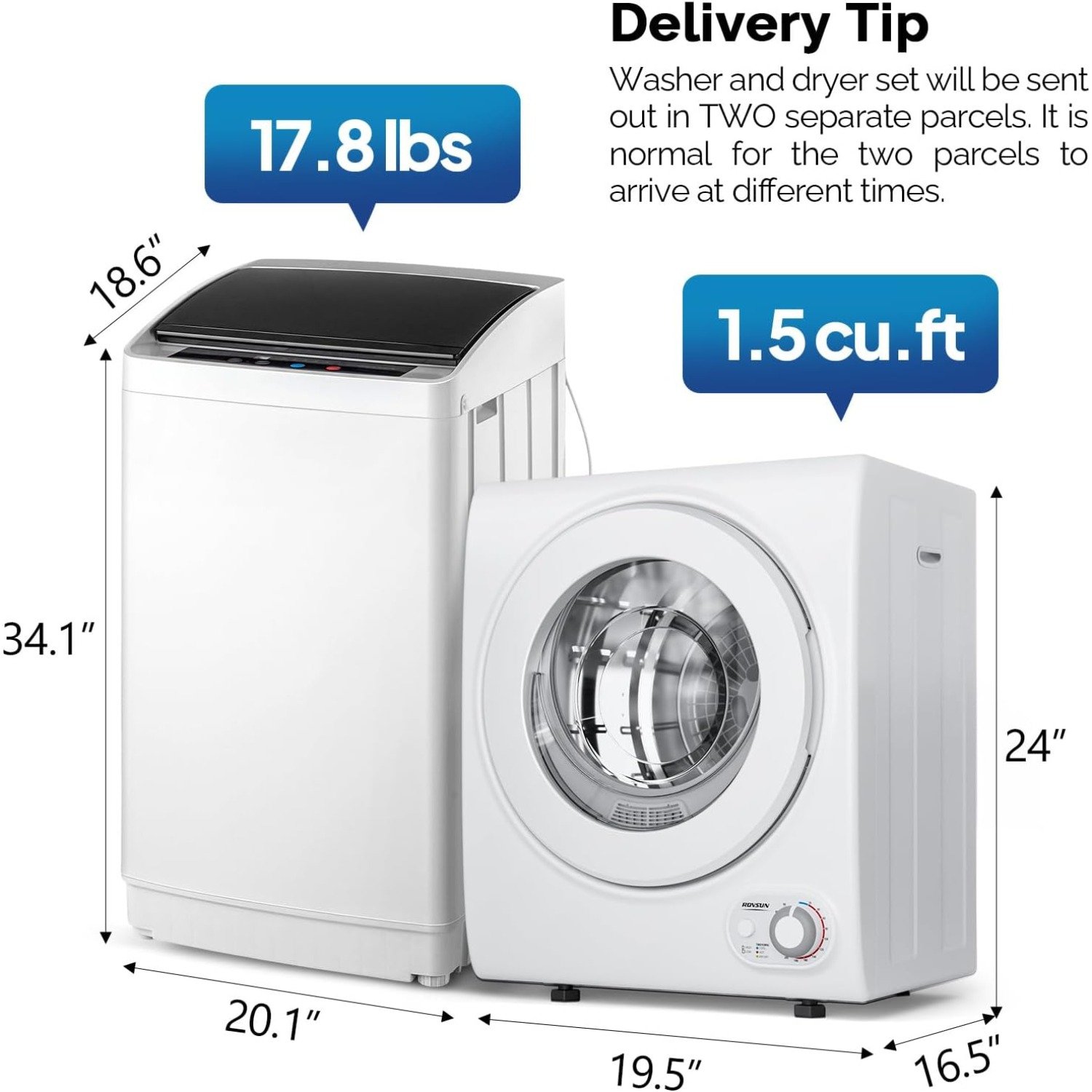 17.8LBS Washing Machine & 1.5CuFt Dryer Combo / Compact Laundry Set with Stainless Steel Tub / Smart Control, Quick Wash/Dry, Noise-Free /Apartment, Dorm, RV, Home Ideal for Small Spaces - Image 6