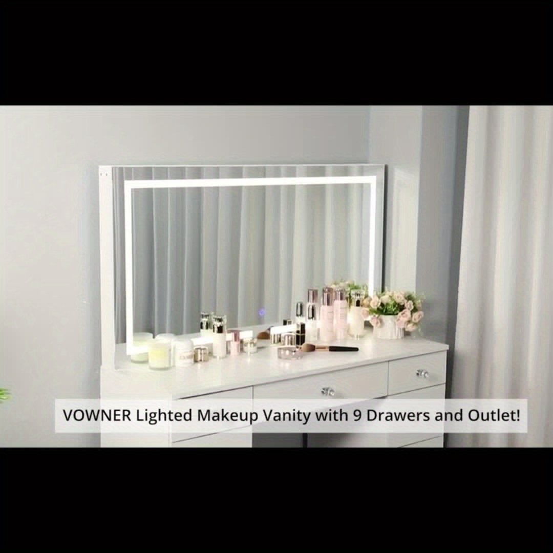 43" Makeup Vanity Desk Set Featuring a Power Outlet, Illuminated Mirror, Stool, And 9 Drawers - Image 8