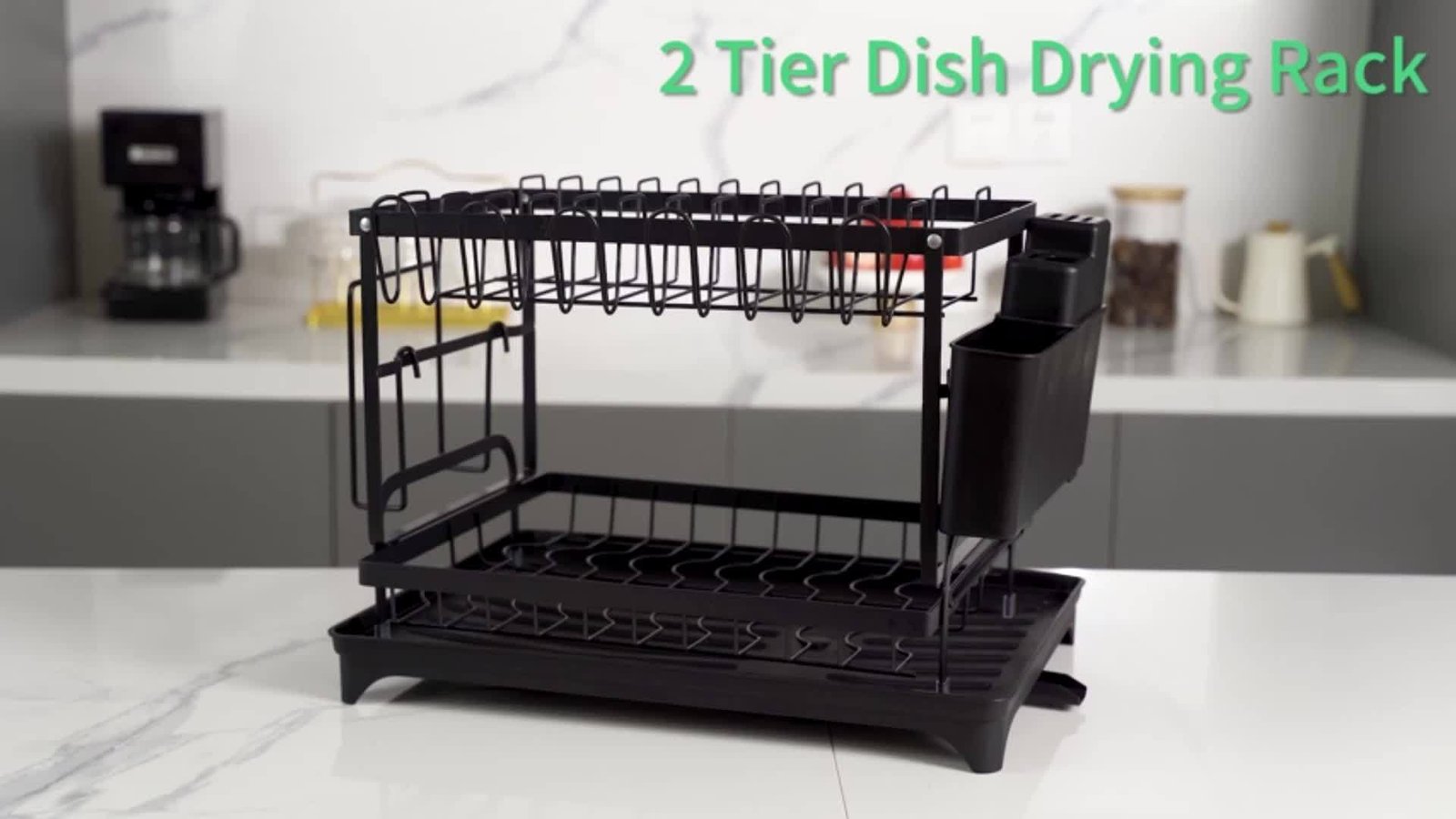 Two-Level Dish Drying Rack for Kitchen Surfaces, Dish Drainer with a Drainboard, Metal Kitchen Dish Holder with Drainage, Two-Tier Kitchen Drying Rack, Black Dish Holders - Image 11