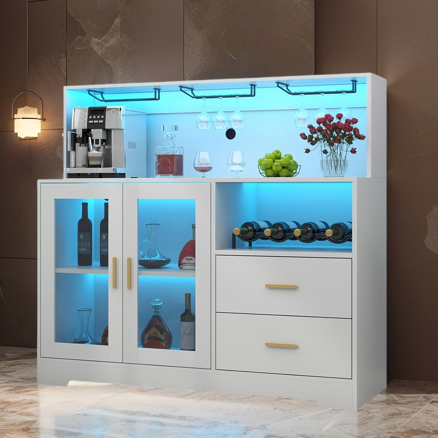 A Wine Storage Cabinet Featuring LED Lighting, Equipped with Racks for Wine And Glasses, Serving As a Kitchen Buffet Sideboard with Additional Storage And Drawers, Designed As a Contemporary Liquor Cabinet And Organizer. - Image 2