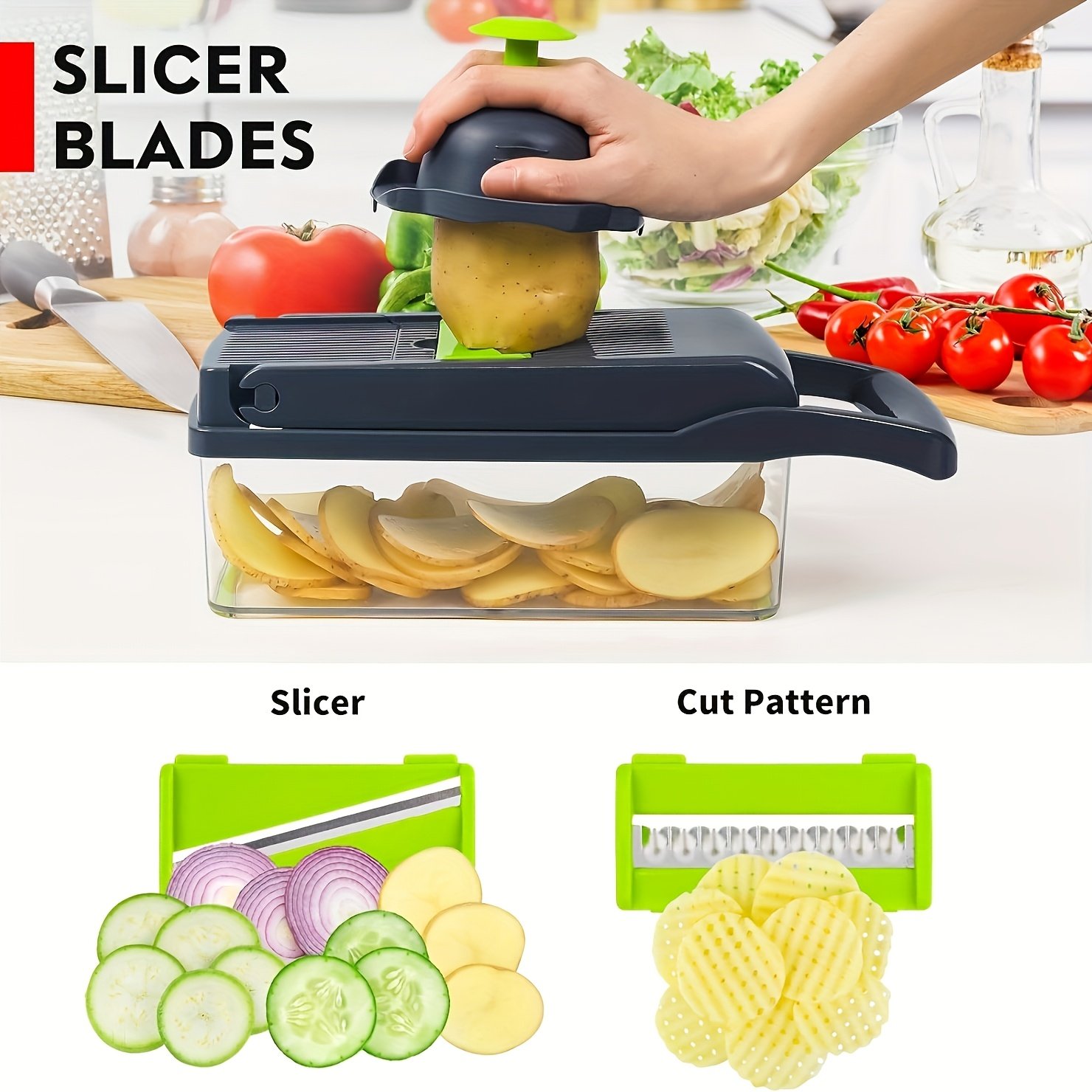 Professional Multifunctional 16-in-1 Vegetable Chopper - Onion Chopper, Kitchen Vegetable Slicer and Dicer - with 8 Blades, Carrot Chopper and Container - Image 4