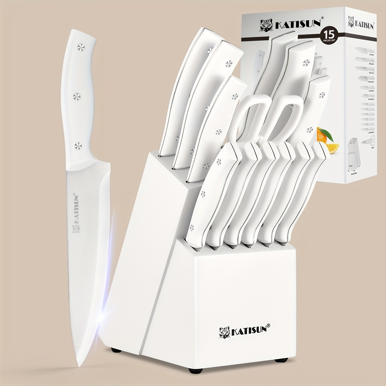 15pcs Knife Set with Sharpener, High-Carbon Stainless Steel White Kitchen Knife Set, Rust-Resistant And Durable, Includes Wooden Block And Kitchen Shears, Ideal for Home And Restaurant Use, Top Choice for Christmas And New Year Gifts