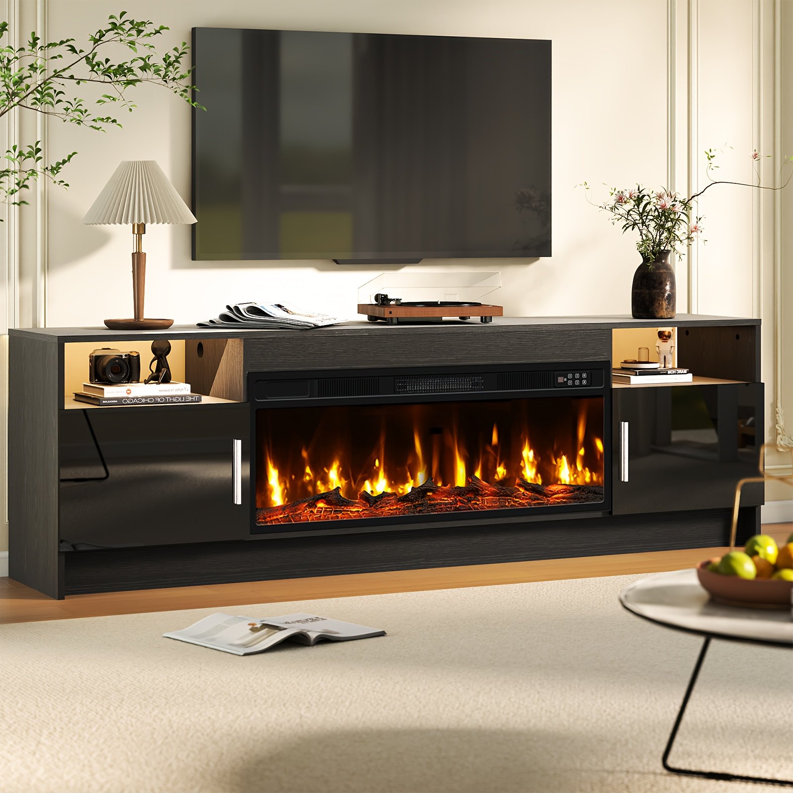 Fireplace TV Stand Entertainment Center With 36" Fireplace, 70" Wooden TV Stand For TVs Up To 80", Media TV Console With High Gloss Storage Cabinet And 20 Colors LED Lights