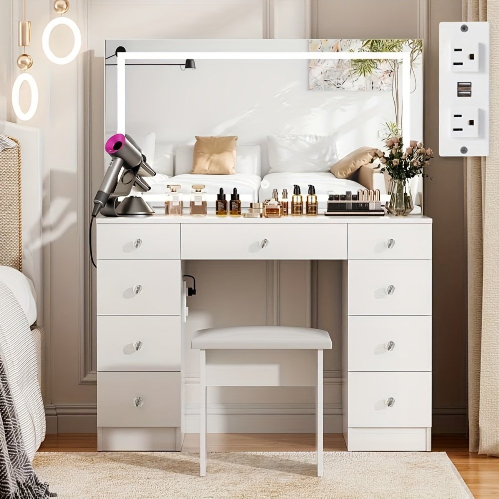 43" Makeup Vanity Desk Set Featuring a Power Outlet, Illuminated Mirror, Stool, And 9 Drawers - Image 2