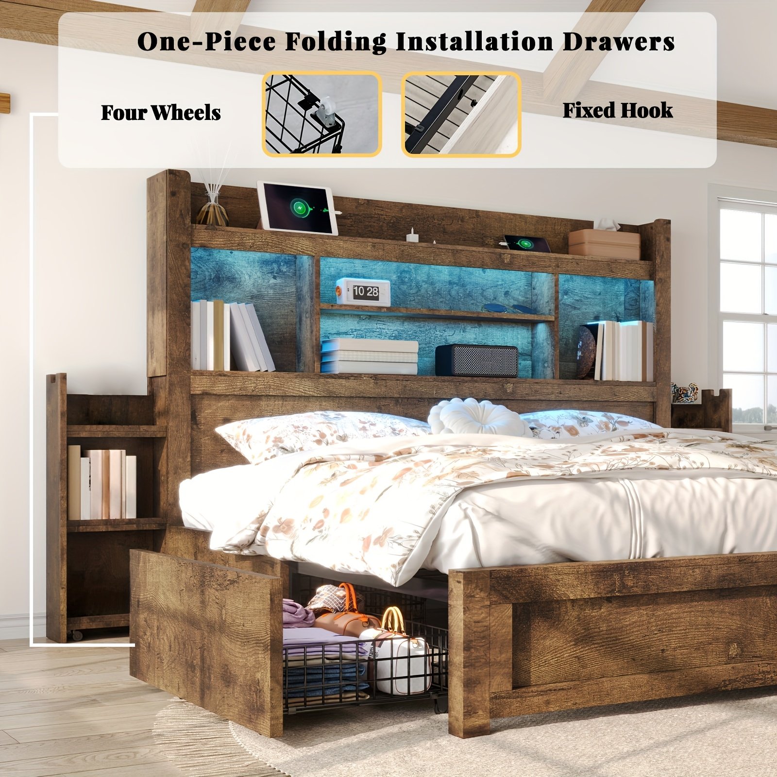 Wooden Bed Frame for a Farmhouse Style Featuring Four Storage Drawers, an LED Headboard with a 49-Inch Tall Bookcase, a Wooden Platform Bed Equipped with a Charging Station, And Two Sliding Bedside Shelves.