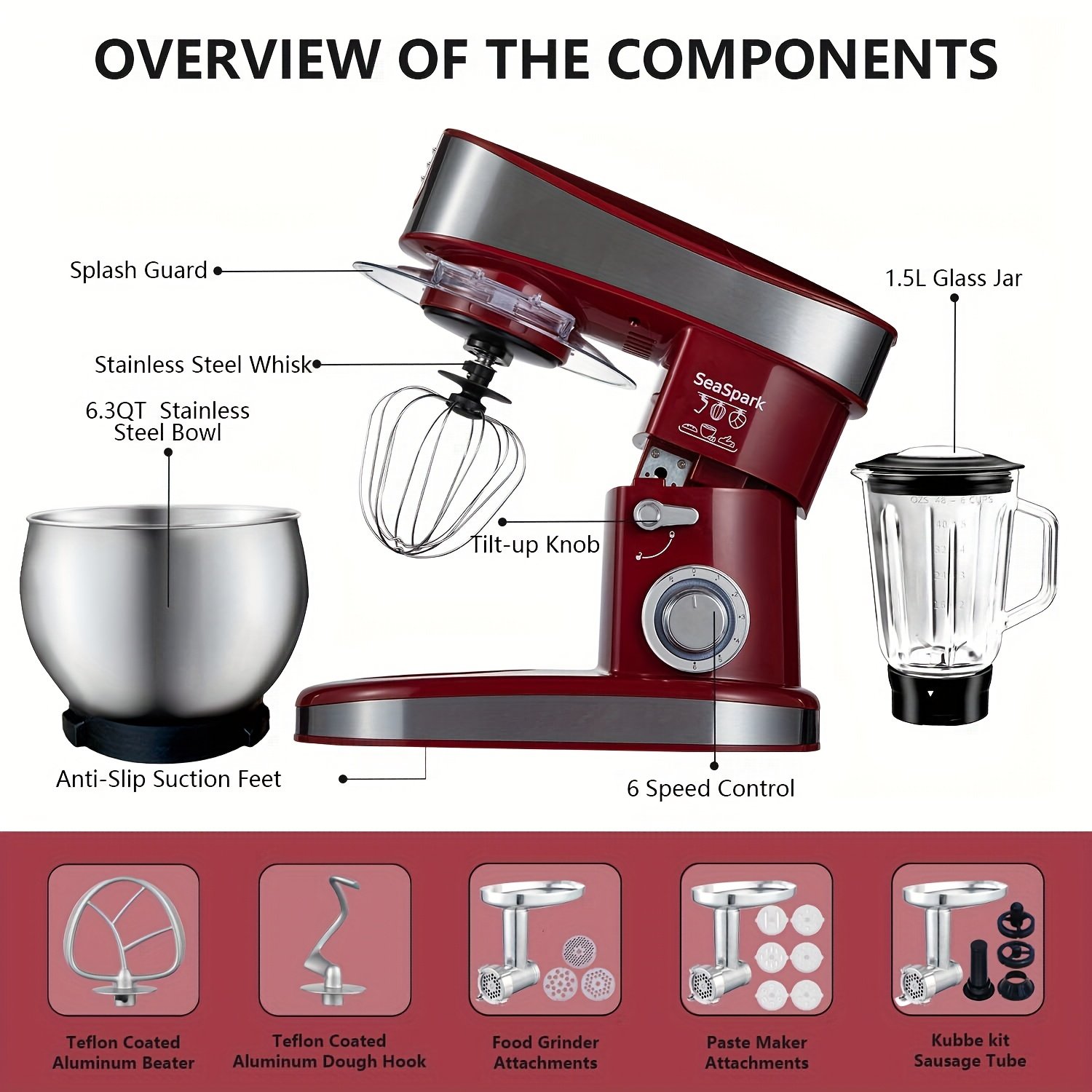 6-in-1 Electric Vertical Mixer, 400W 6-speed with Pulse Button, Accessories with 6.3QT Stainless Steel Bowl, Mixer, Dough Hook, Egg Beater, Spatula, Juicer Accessories, Meat Grinder Accessories and Noodle Pressing Accessories - Image 9