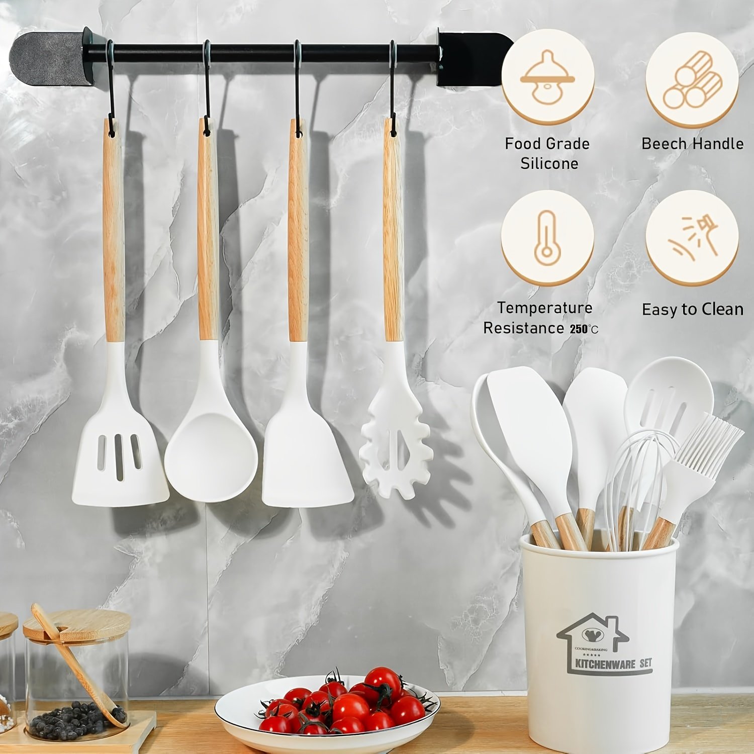 Food-Grade Silicone Cooking Tool Set With Wooden Handles And Stands, BPA-Free Non-Stick Cookware Gadgets For Baking, Stirring And Serving - Image 3