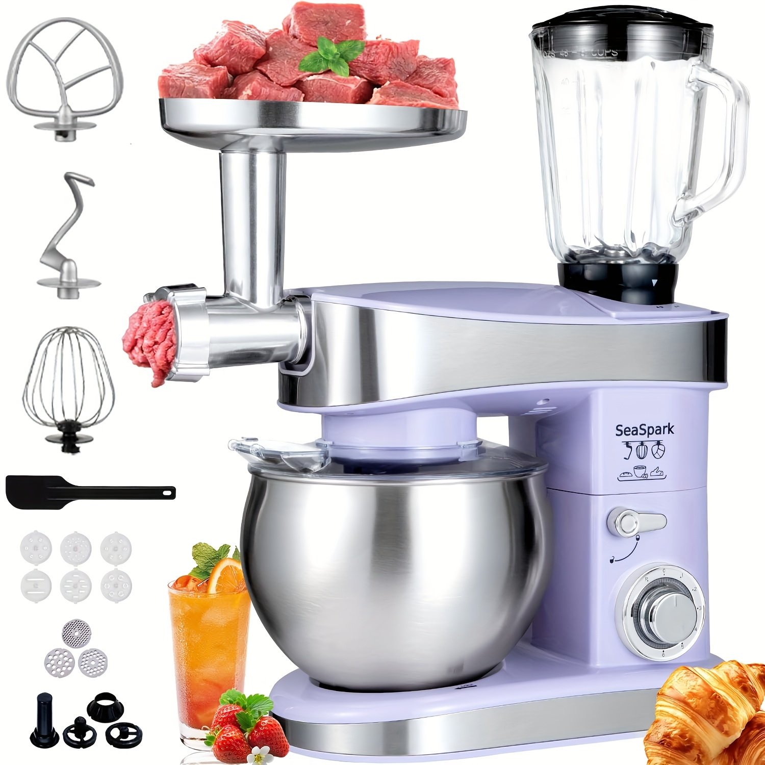6-in-1 Electric Vertical Mixer, 400W 6-speed with Pulse Button, Accessories with 6.3QT Stainless Steel Bowl, Mixer, Dough Hook, Egg Beater, Spatula, Juicer Accessories, Meat Grinder Accessories and Noodle Pressing Accessories - Image 6