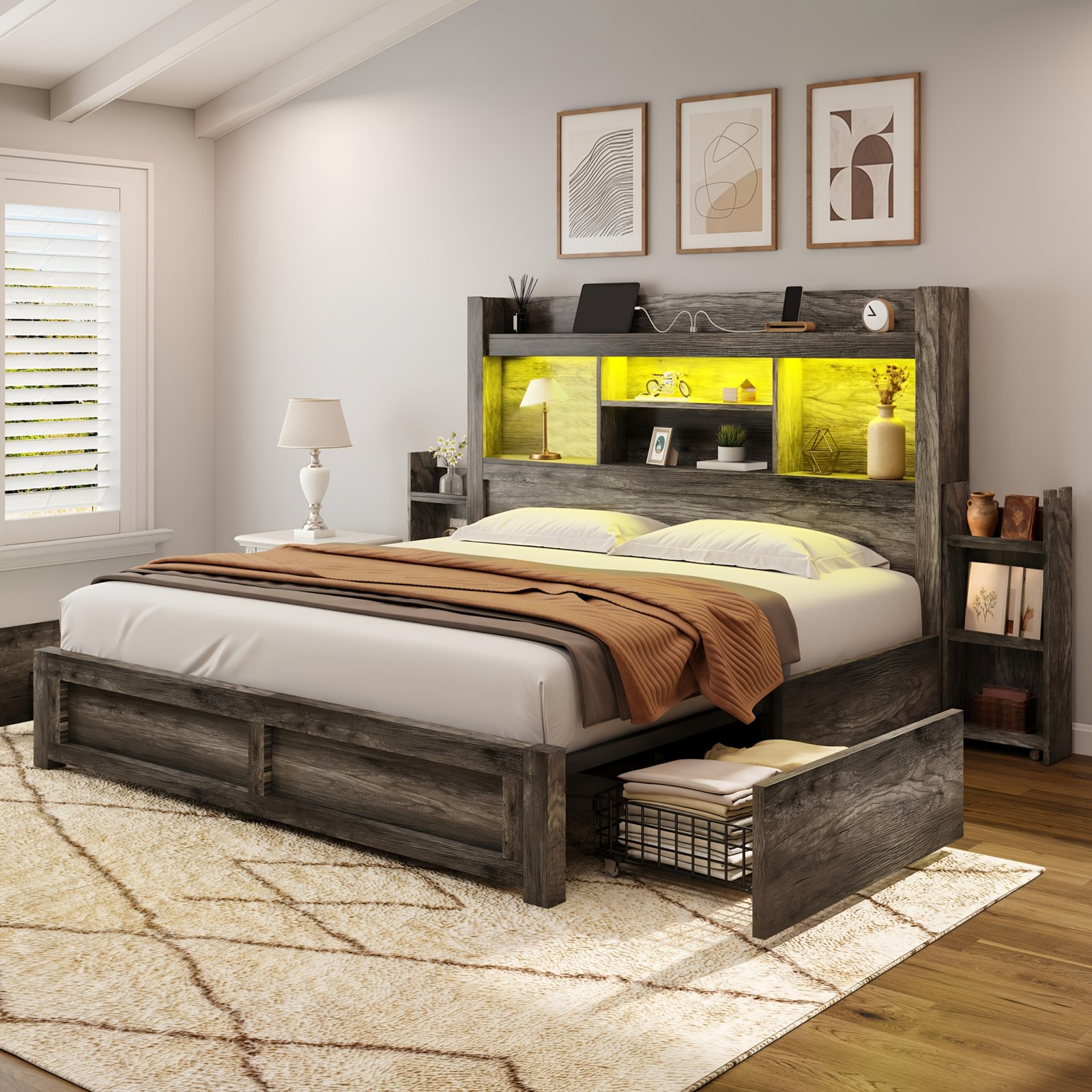 Wooden Bed Frame for a Farmhouse Style Featuring Four Storage Drawers, an LED Headboard with a 49-Inch Tall Bookcase, a Wooden Platform Bed Equipped with a Charging Station, And Two Sliding Bedside Shelves. - Image 10