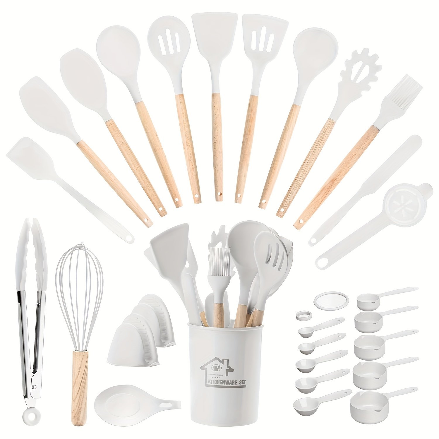 Food-Grade Silicone Cooking Tool Set With Wooden Handles And Stands, BPA-Free Non-Stick Cookware Gadgets For Baking, Stirring And Serving