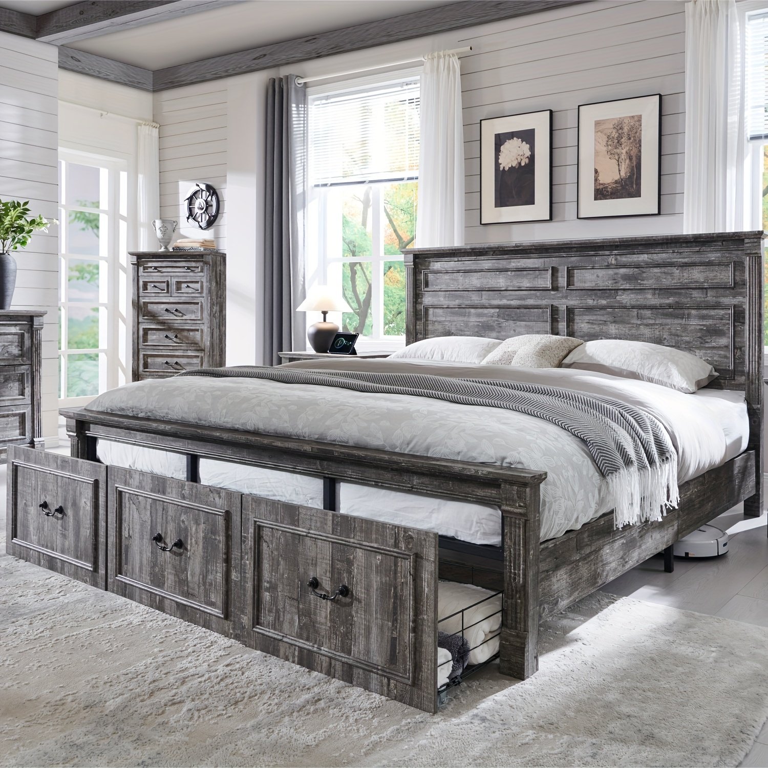 Farmhouse King/ Queen/ Full Size Bed Frame with Tall Headboard, Wood Platform Bed Frame with 20" Tall Roman Column Decoration Footboard & 3 Large Storage Drawers, No Box Spring Needed