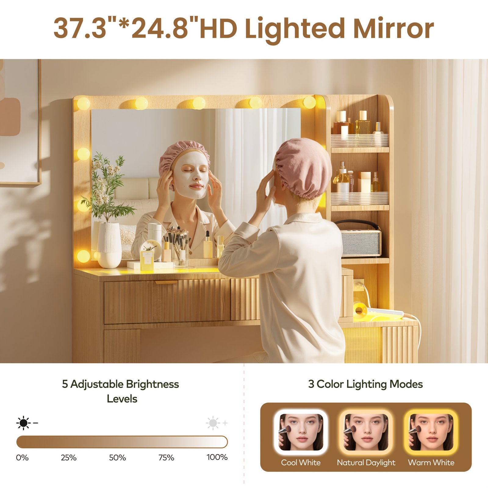 Hollywood Style Makeup Vanity Desk with Large 37" Lighted Mirror, RGB Color Changing Lights, Vanity Table with Tempered Glass Top, Lighted Drawers, 5-Tier Shelves & Acrylic Cabinet, Gift for Women - Image 4