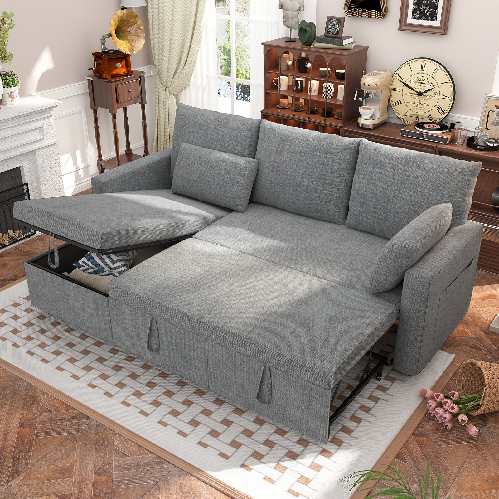 Polar Aurora Sleeper Soft Bed, Pull Out Couch Bed with Storage Chaise, Iron Frame Soft Futon Sofa, Convertible Sleeper Couch for Living Room/Apartment/Office. (Linen L-Shape, Dark Gray) - Image 8