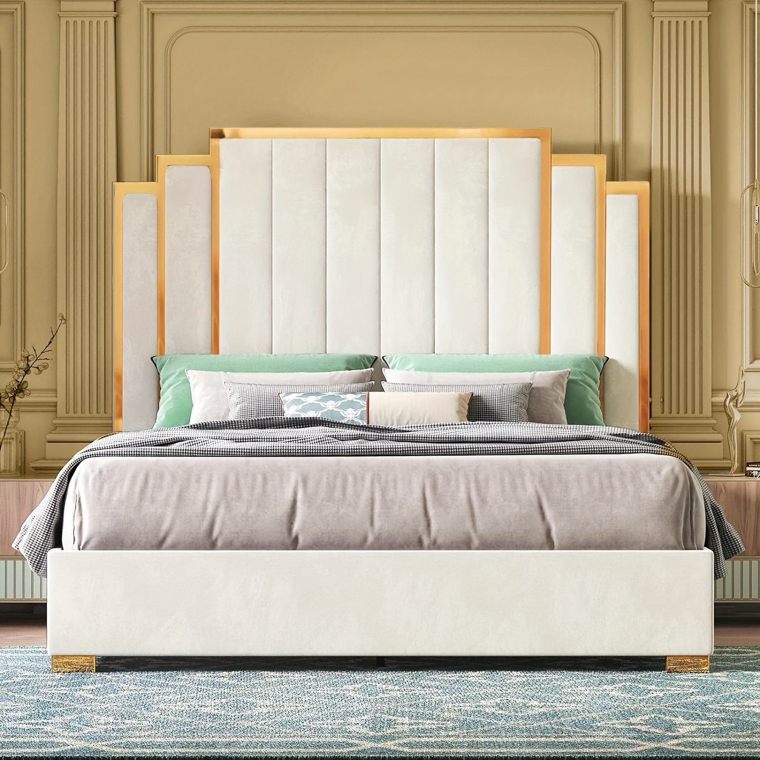 Papajet Upholstered Bed Frame with Golden Accents And a 61-Inch Headboard - Contemporary Platform Design - Image 3