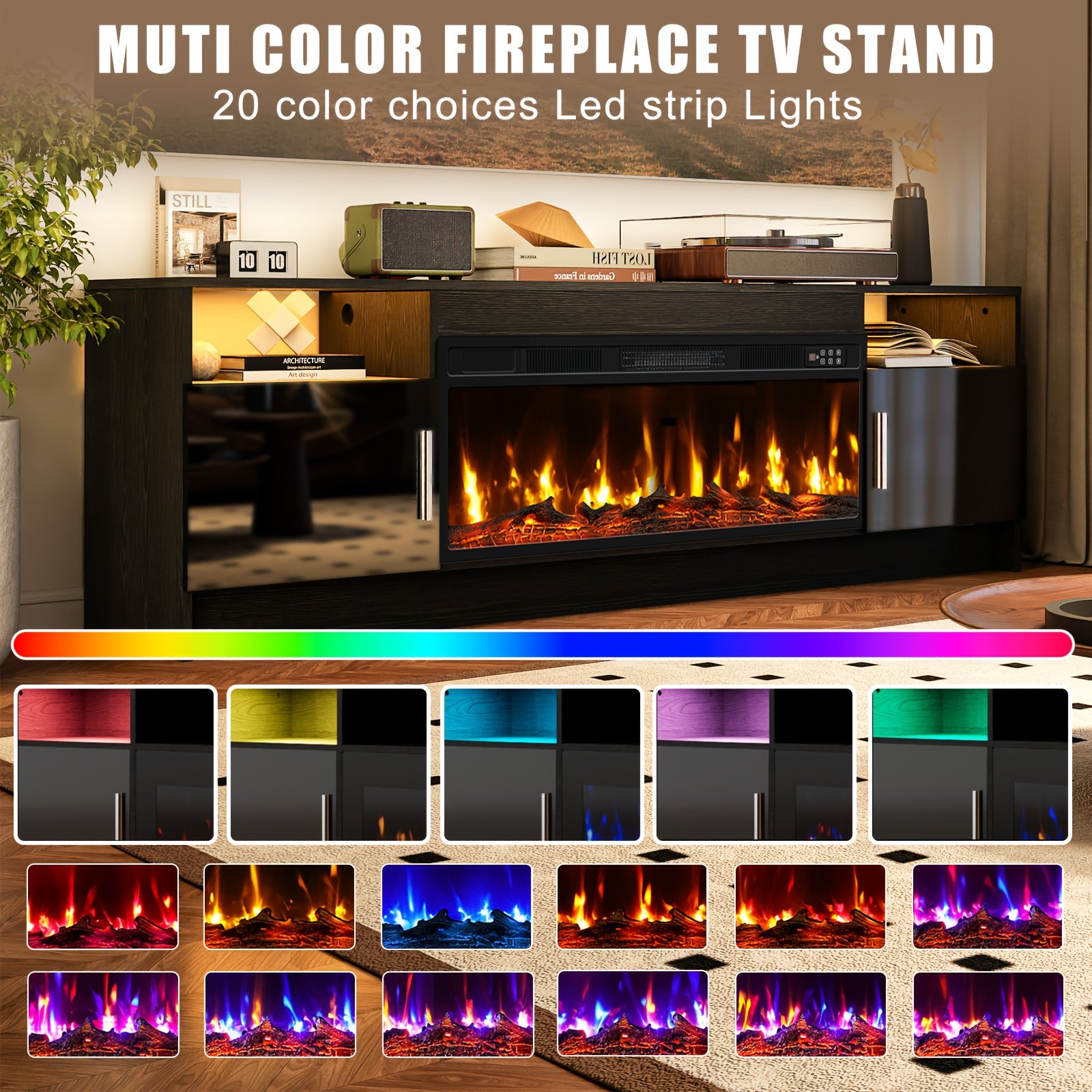 Fireplace TV Stand Entertainment Center With 36" Fireplace, 70" Wooden TV Stand For TVs Up To 80", Media TV Console With High Gloss Storage Cabinet And 20 Colors LED Lights - Image 10