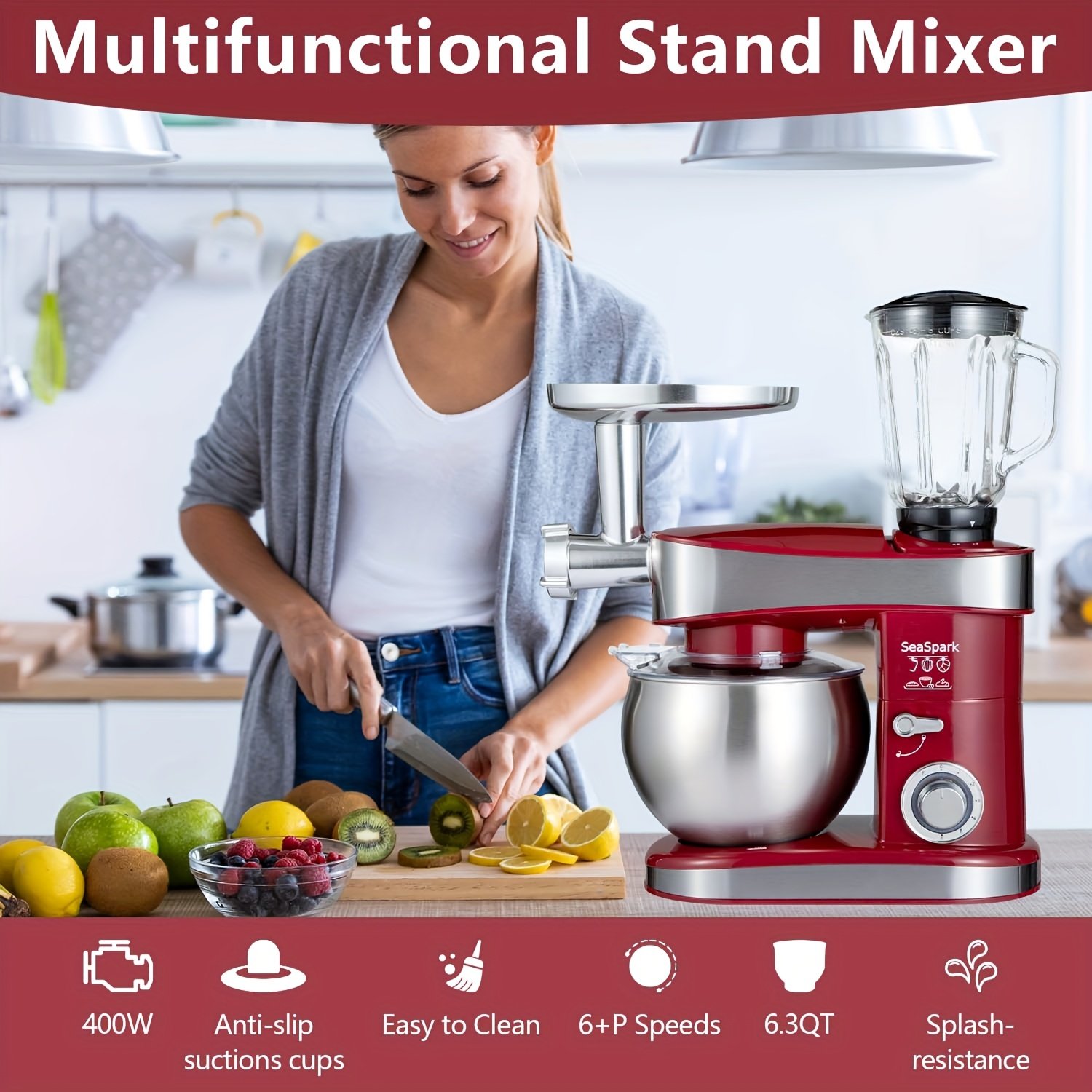 6-in-1 Electric Vertical Mixer, 400W 6-speed with Pulse Button, Accessories with 6.3QT Stainless Steel Bowl, Mixer, Dough Hook, Egg Beater, Spatula, Juicer Accessories, Meat Grinder Accessories and Noodle Pressing Accessories - Image 4
