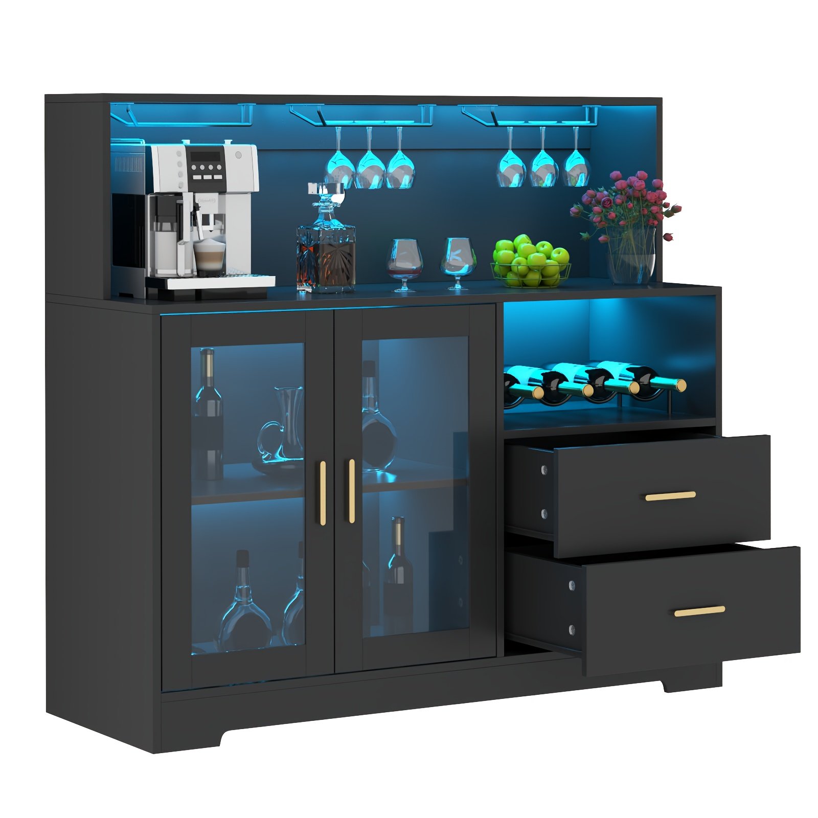 Storage Cabinet with Wine Rack, Buffet Cabinet with Glass Holders, Coffee Bar Cabinet, Home Bar Cabinet, Wine Bar Cabinet Kitchen Buffet Sideboard with Adjustable Storage Shelves, Freestanding Liquor Cabinet for Living Room, Dining Room