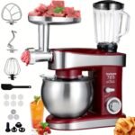 6-in-1 Electric Vertical Mixer, 400W 6-speed with Pulse Button, Accessories with 6.3QT Stainless Steel Bowl, Mixer, Dough Hook, Egg Beater, Spatula, Juicer Accessories, Meat Grinder Accessories and Noodle Pressing Accessories