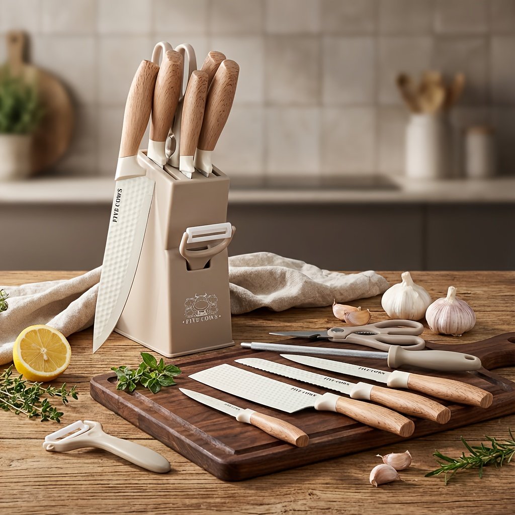 10pcs Knife Block Set with Sharpening Steel& Peeler- Chef& Bread Knives, Finger Guard| High-Carbon Stainless Steel, Dishwasher Safe| Perfect Christmas Gift for Home Chefs - Image 4