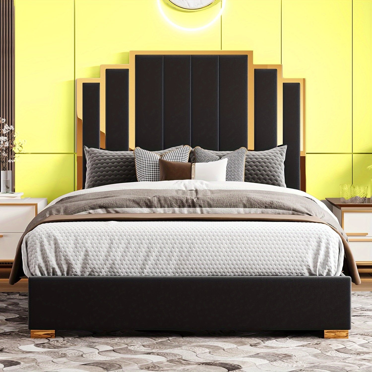 Papajet Upholstered Bed Frame with Golden Accents And a 61-Inch Headboard - Contemporary Platform Design - Image 2