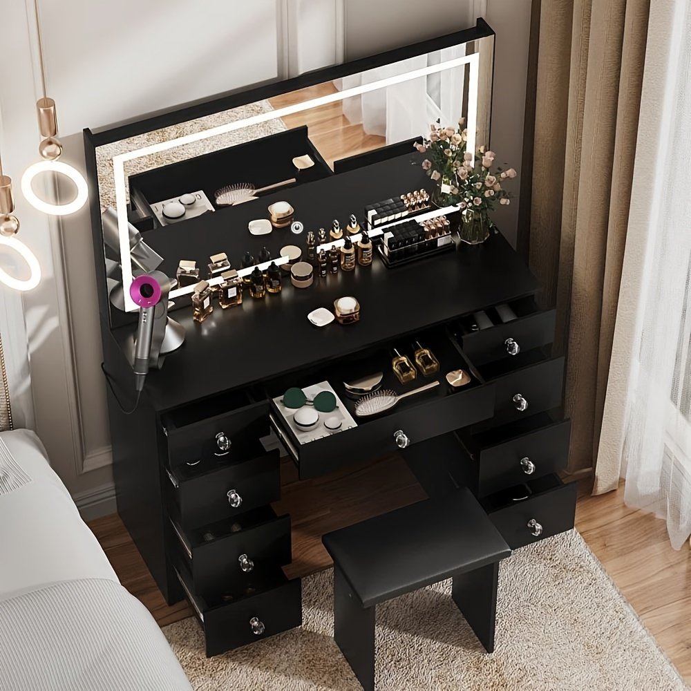 43" Makeup Vanity Desk Set Featuring a Power Outlet, Illuminated Mirror, Stool, And 9 Drawers - Image 7