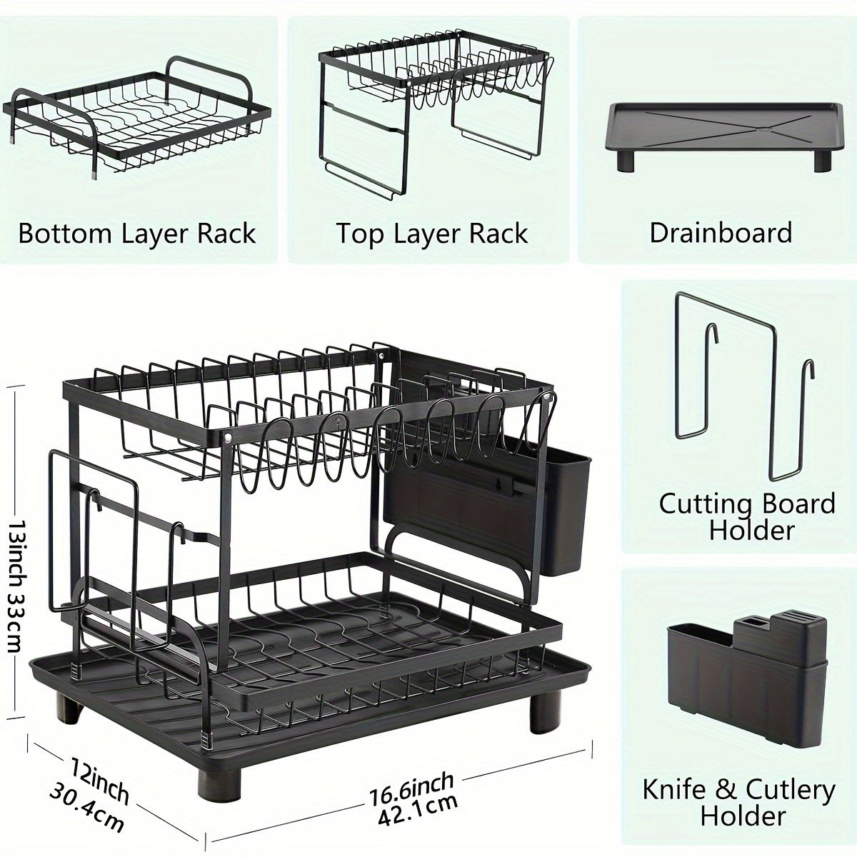 Two-Level Dish Drying Rack for Kitchen Surfaces, Dish Drainer with a Drainboard, Metal Kitchen Dish Holder with Drainage, Two-Tier Kitchen Drying Rack, Black Dish Holders - Image 6