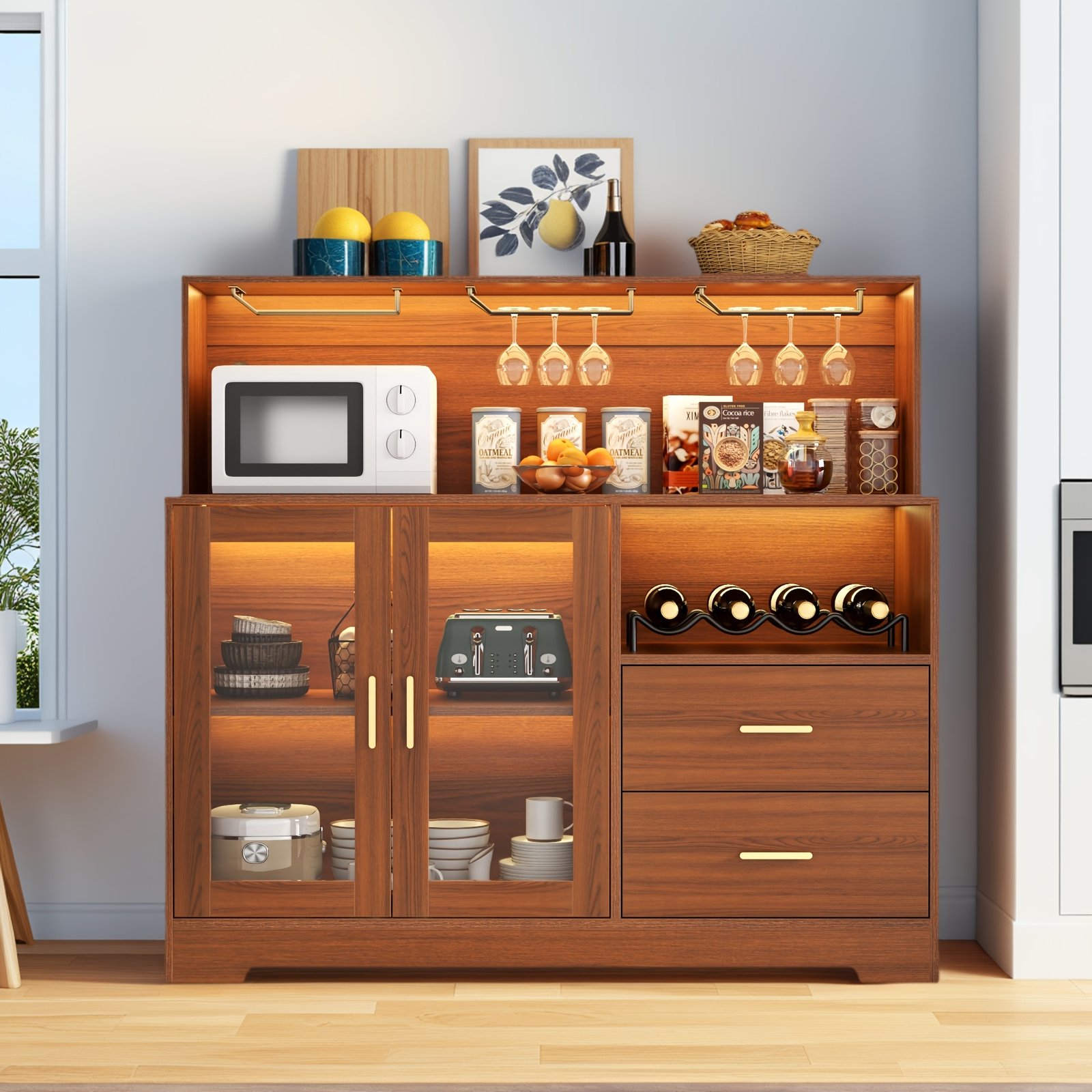 A Wine Storage Cabinet Featuring LED Lighting, Equipped with Racks for Wine And Glasses, Serving As a Kitchen Buffet Sideboard with Additional Storage And Drawers, Designed As a Contemporary Liquor Cabinet And Organizer. - Image 5