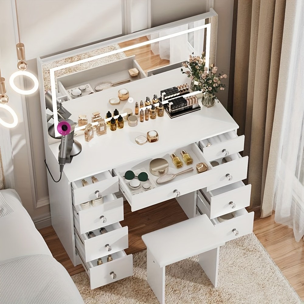 43" Makeup Vanity Desk Set Featuring a Power Outlet, Illuminated Mirror, Stool, And 9 Drawers - Image 3
