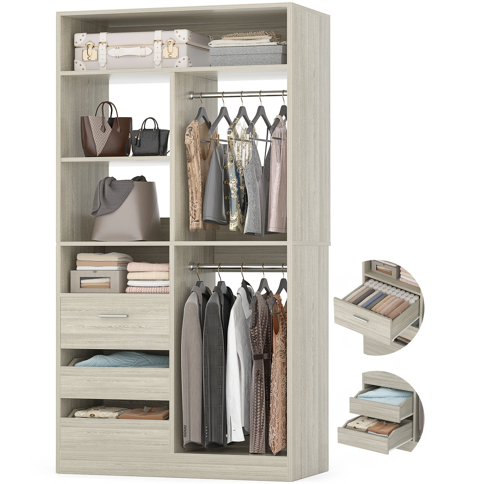 36Inch Closet System with 3 Drawers, 3ft Closet Organizer, Wood Closet Organizer System, Walk-in Closet Or Small Closets Wardrobe, Clothes Rack with 2 Hanging Rods And Storage Shelves, 36" L X 16" W X 80" H - Image 6