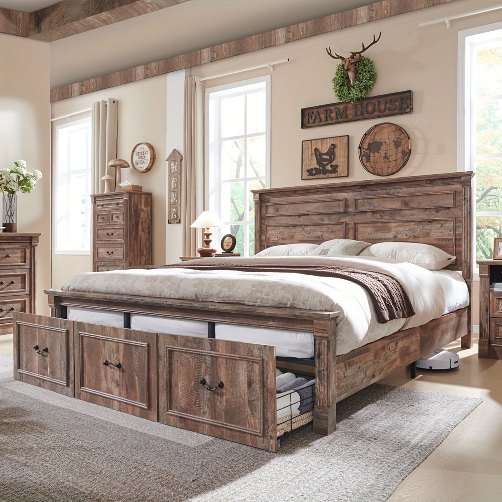 Farmhouse King/ Queen/ Full Size Bed Frame with Tall Headboard, Wood Platform Bed Frame with 20" Tall Roman Column Decoration Footboard & 3 Large Storage Drawers, No Box Spring Needed - Image 2
