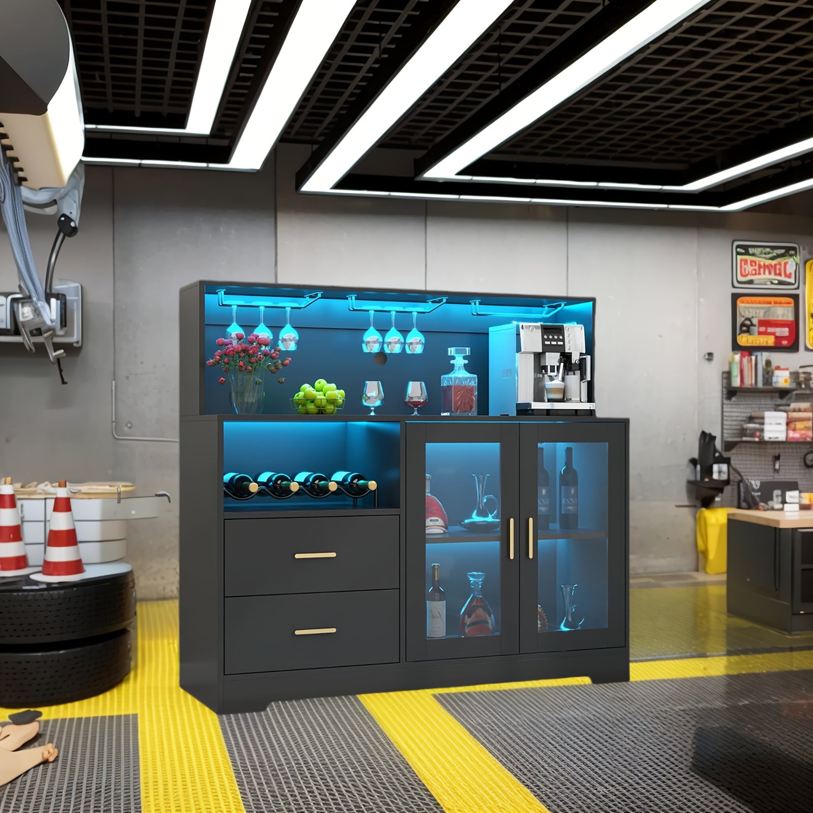 A Wine Storage Cabinet Featuring LED Lighting, Equipped with Racks for Wine And Glasses, Serving As a Kitchen Buffet Sideboard with Additional Storage And Drawers, Designed As a Contemporary Liquor Cabinet And Organizer. - Image 3