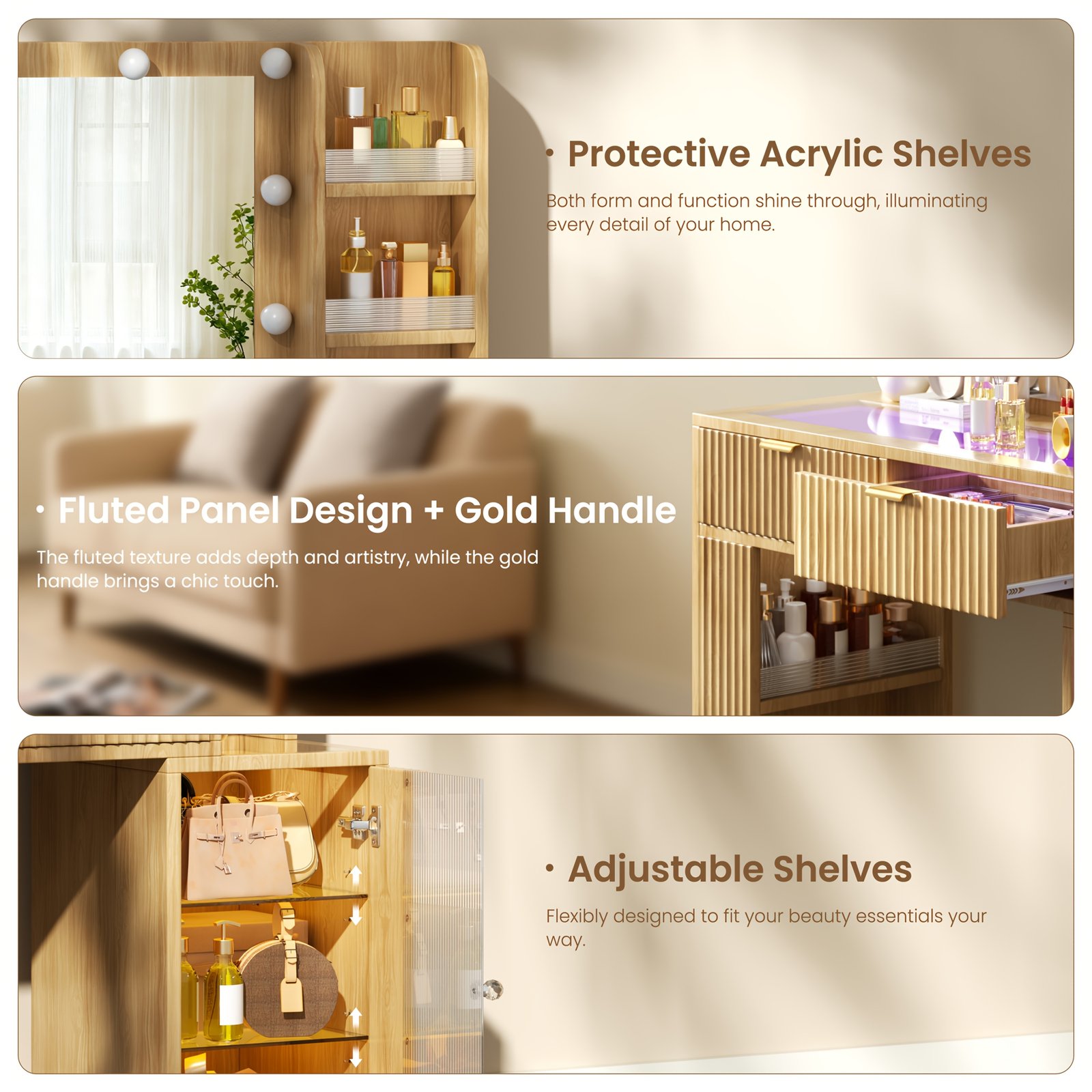 Hollywood Style Makeup Vanity Desk with Large 37" Lighted Mirror, RGB Color Changing Lights, Vanity Table with Tempered Glass Top, Lighted Drawers, 5-Tier Shelves & Acrylic Cabinet, Gift for Women - Image 7