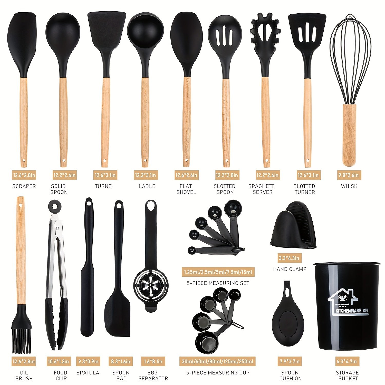 Food-Grade Silicone Cooking Tool Set With Wooden Handles And Stands, BPA-Free Non-Stick Cookware Gadgets For Baking, Stirring And Serving - Image 2