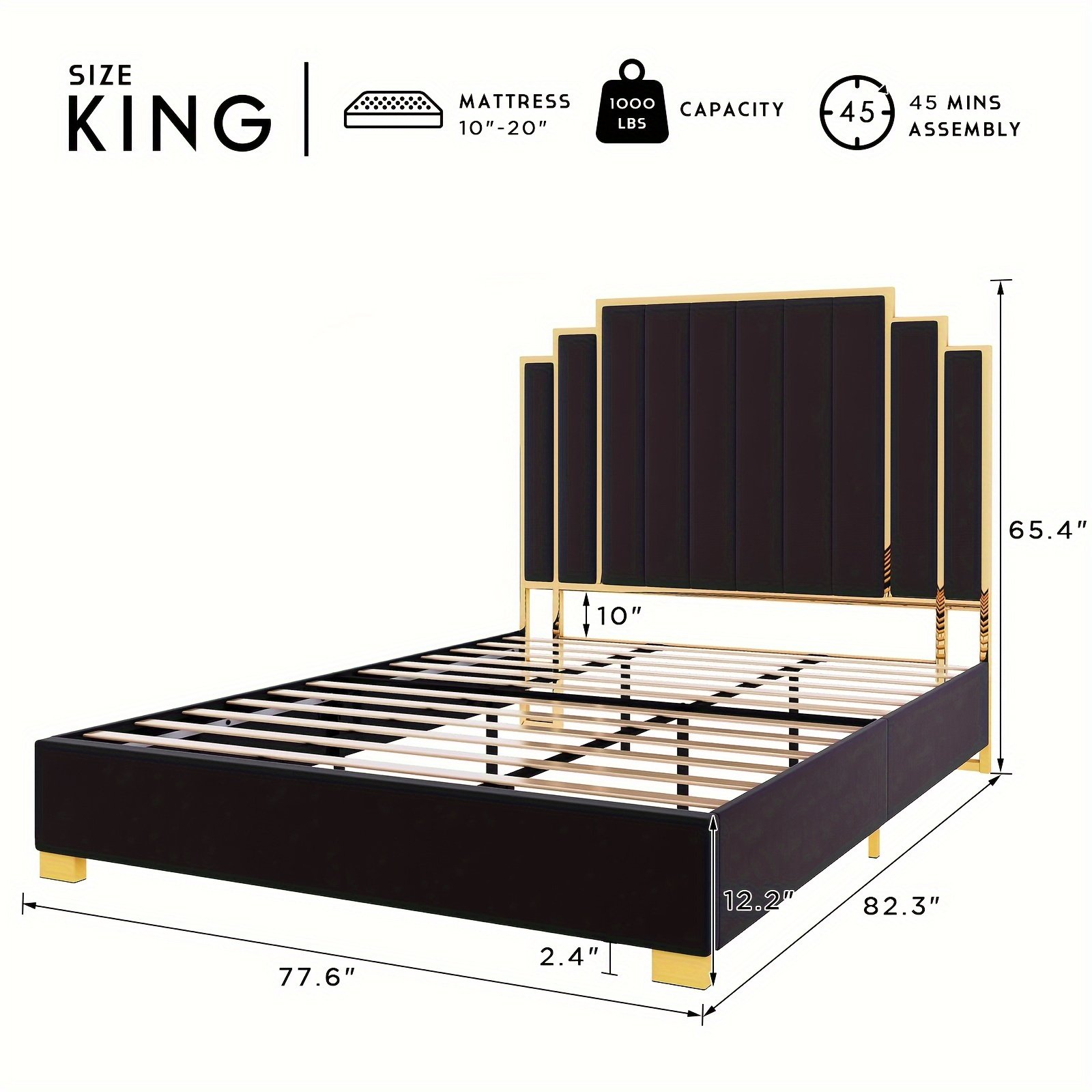 Papajet Upholstered Bed Frame with Golden Accents And a 61-Inch Headboard - Contemporary Platform Design - Image 5