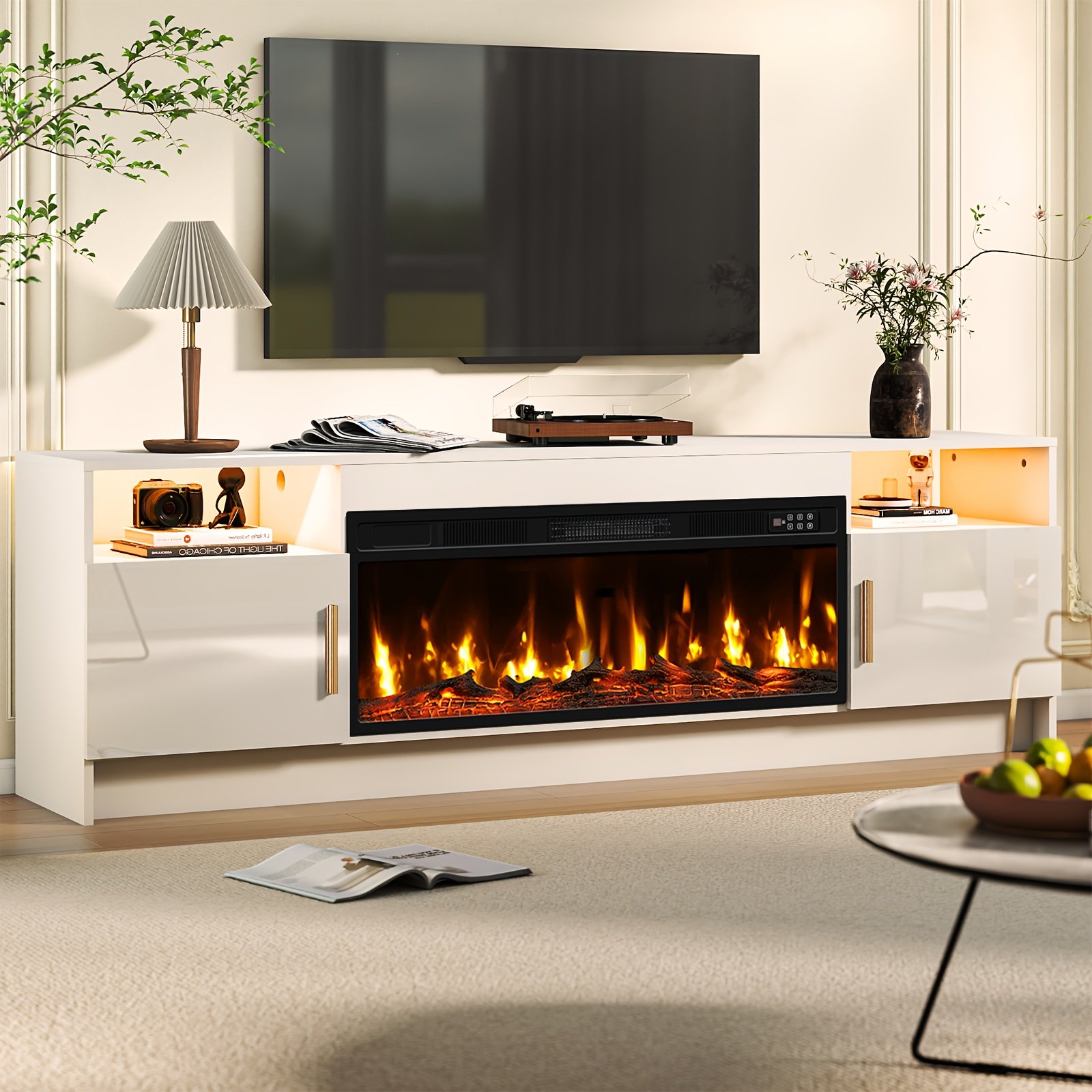 Fireplace TV Stand Entertainment Center With 36" Fireplace, 70" Wooden TV Stand For TVs Up To 80", Media TV Console With High Gloss Storage Cabinet And 20 Colors LED Lights - Image 3