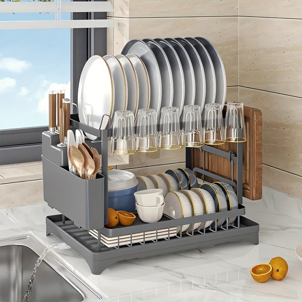 Two-Level Dish Drying Rack for Kitchen Surfaces, Dish Drainer with a Drainboard, Metal Kitchen Dish Holder with Drainage, Two-Tier Kitchen Drying Rack, Black Dish Holders - Image 8