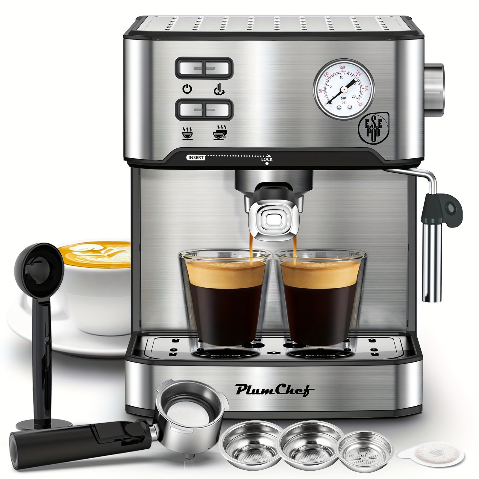 Plum Chef Espresso Machine, Made of Stainless Steel, Features a Dual-Brew Coffee System with a 54.1oz Water Reservoir, Includes Safety Mechanisms And Overpressure Protection, Perfect for Everyday Use at for Home - Image 2