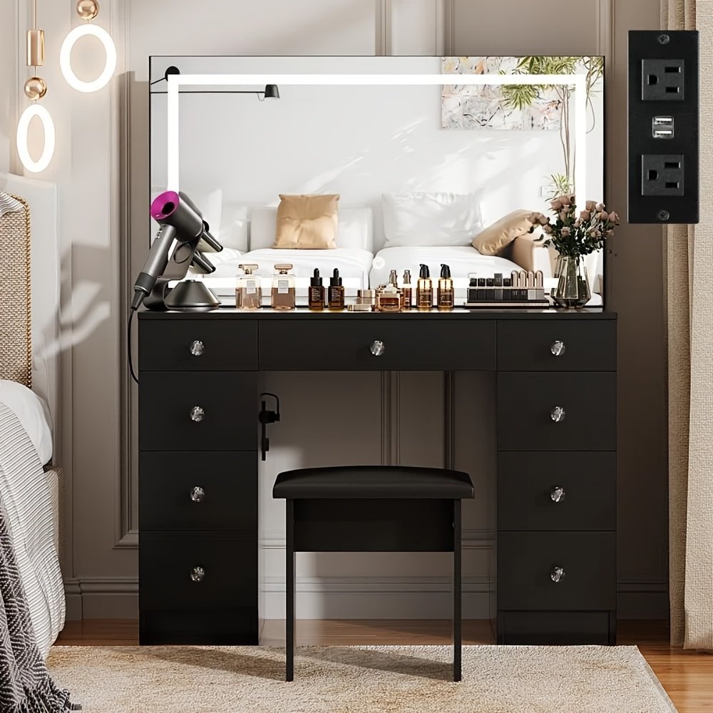 43" Makeup Vanity Desk Set Featuring a Power Outlet, Illuminated Mirror, Stool, And 9 Drawers - Image 6
