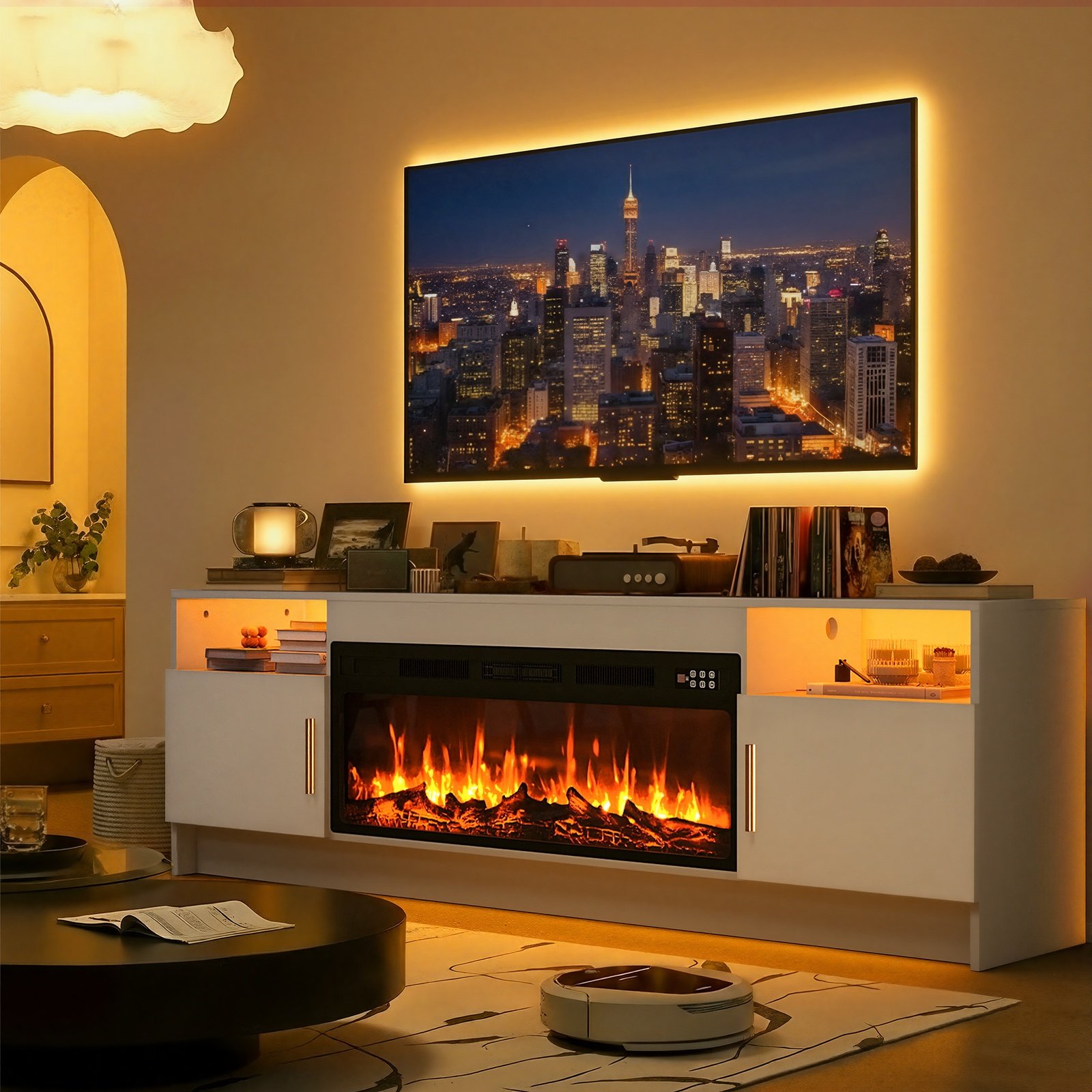 Fireplace TV Stand Entertainment Center With 36" Fireplace, 70" Wooden TV Stand For TVs Up To 80", Media TV Console With High Gloss Storage Cabinet And 20 Colors LED Lights - Image 8