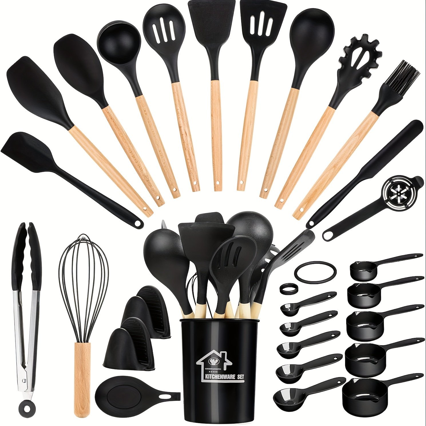 Food-Grade Silicone Cooking Tool Set With Wooden Handles And Stands, BPA-Free Non-Stick Cookware Gadgets For Baking, Stirring And Serving - Image 6