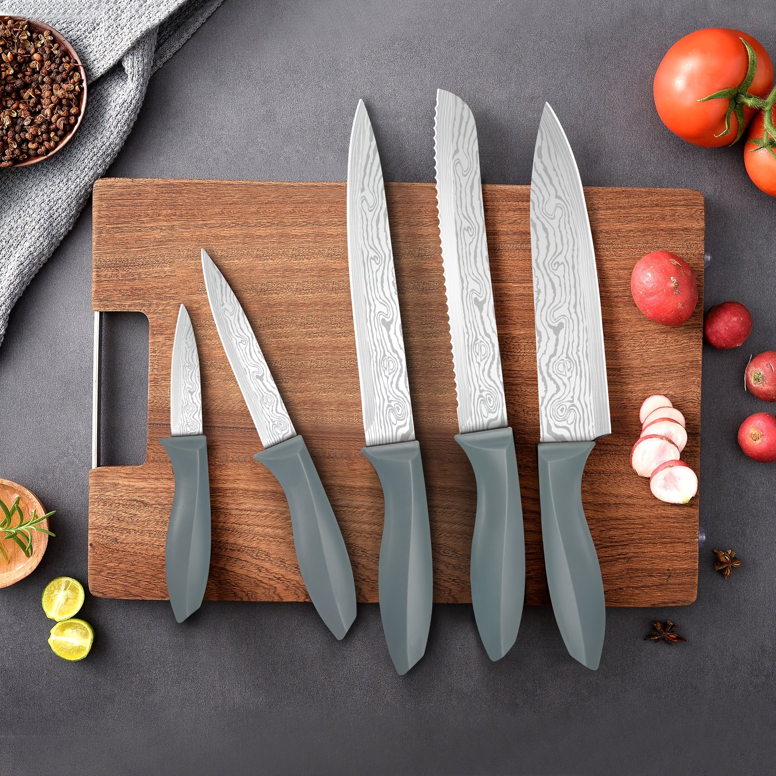 Damascus Patterned Stainless Steel Knife Set, Professional Kitchen Knife Collection, Chef'S Knife, Slicing Knife, Peeler, And Scissors, Made of High-Carbon Stainless Steel with Ultra-Sharp Blades, Featuring Non-Stick Ergonomic ABS Handles, Perfect for Home Use, Travel, And As a Gift Set. - Image 4