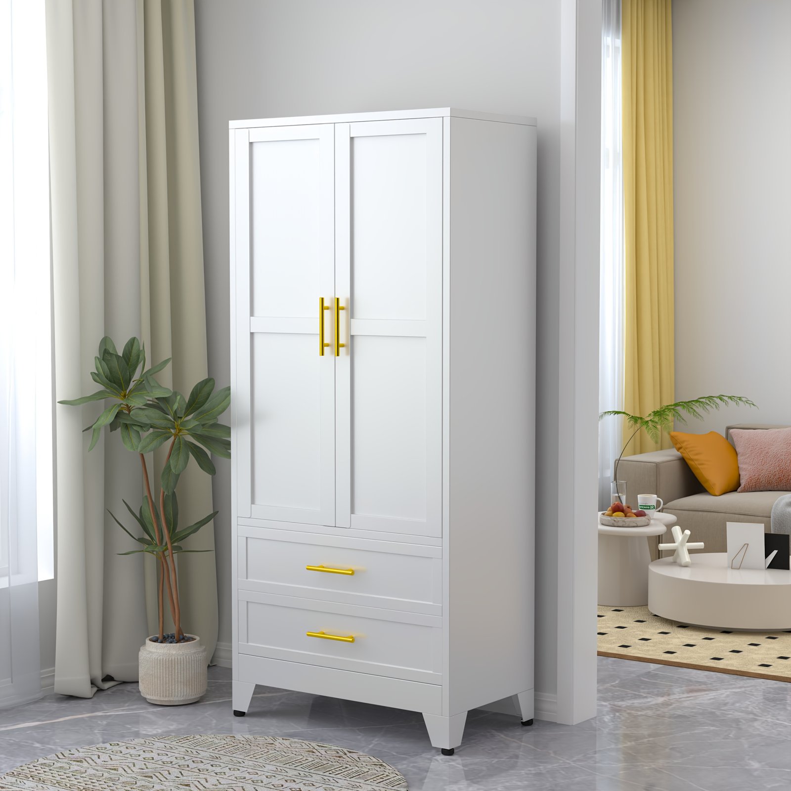 71 Inch Metal Clothing Storage Cabinet with 2 Doors, Golden Handle, 2 Adjustable Shelves, And 2 Drawers, Used for Independent Steel Wardrobes In Bedrooms, Gyms, And Cloakrooms - Image 7