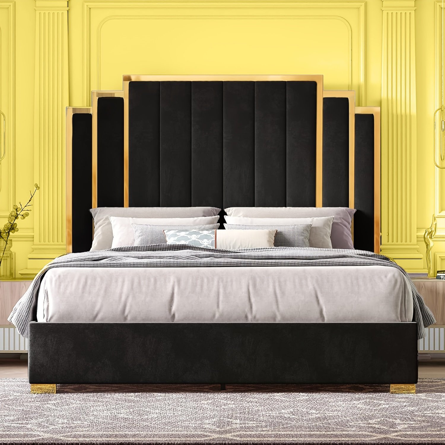 Papajet Upholstered Bed Frame with Golden Accents And a 61-Inch Headboard - Contemporary Platform Design - Image 4