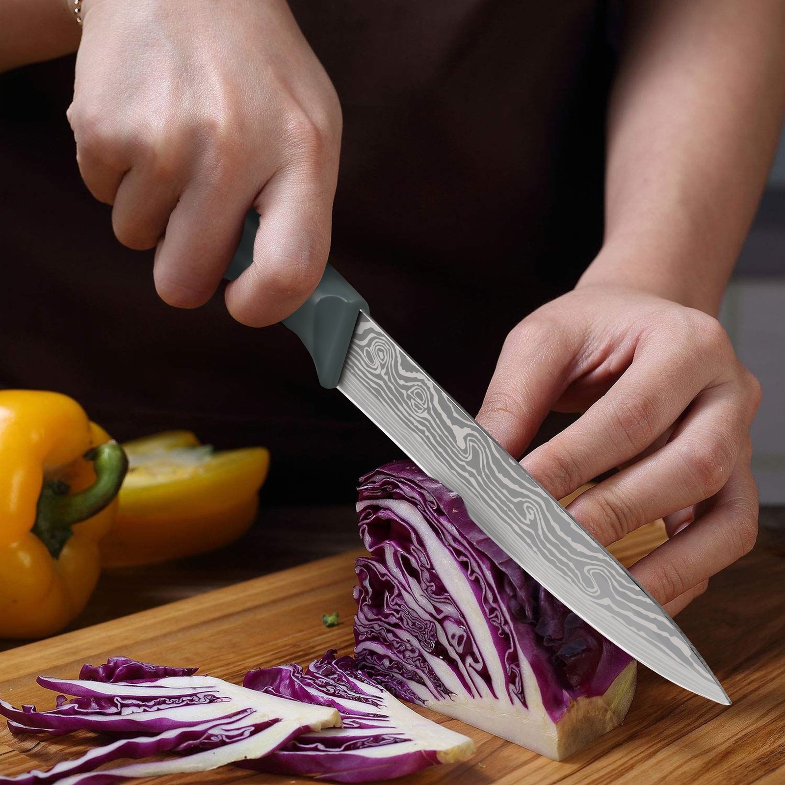 Damascus Patterned Stainless Steel Knife Set, Professional Kitchen Knife Collection, Chef'S Knife, Slicing Knife, Peeler, And Scissors, Made of High-Carbon Stainless Steel with Ultra-Sharp Blades, Featuring Non-Stick Ergonomic ABS Handles, Perfect for Home Use, Travel, And As a Gift Set. - Image 6