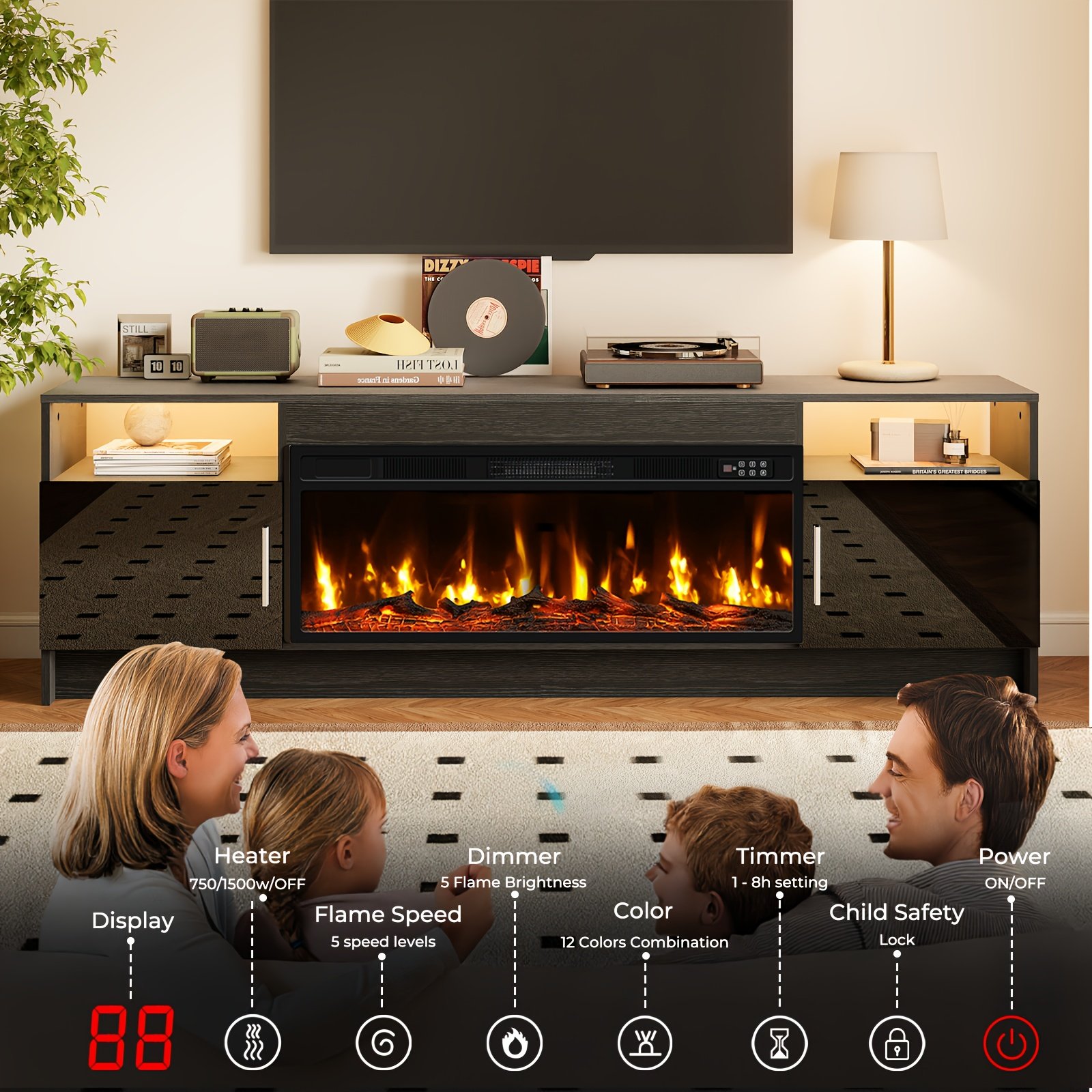 Fireplace TV Stand Entertainment Center With 36" Fireplace, 70" Wooden TV Stand For TVs Up To 80", Media TV Console With High Gloss Storage Cabinet And 20 Colors LED Lights - Image 4