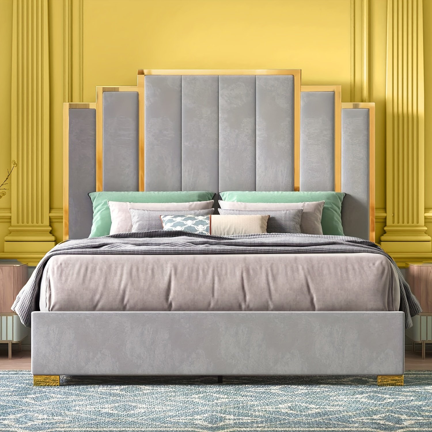 Papajet Upholstered Bed Frame with Golden Accents And a 61-Inch Headboard - Contemporary Platform Design - Image 10