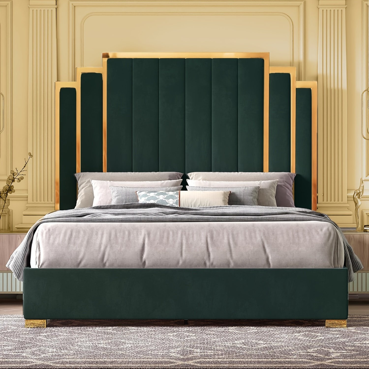 Papajet Upholstered Bed Frame with Golden Accents And a 61-Inch Headboard - Contemporary Platform Design