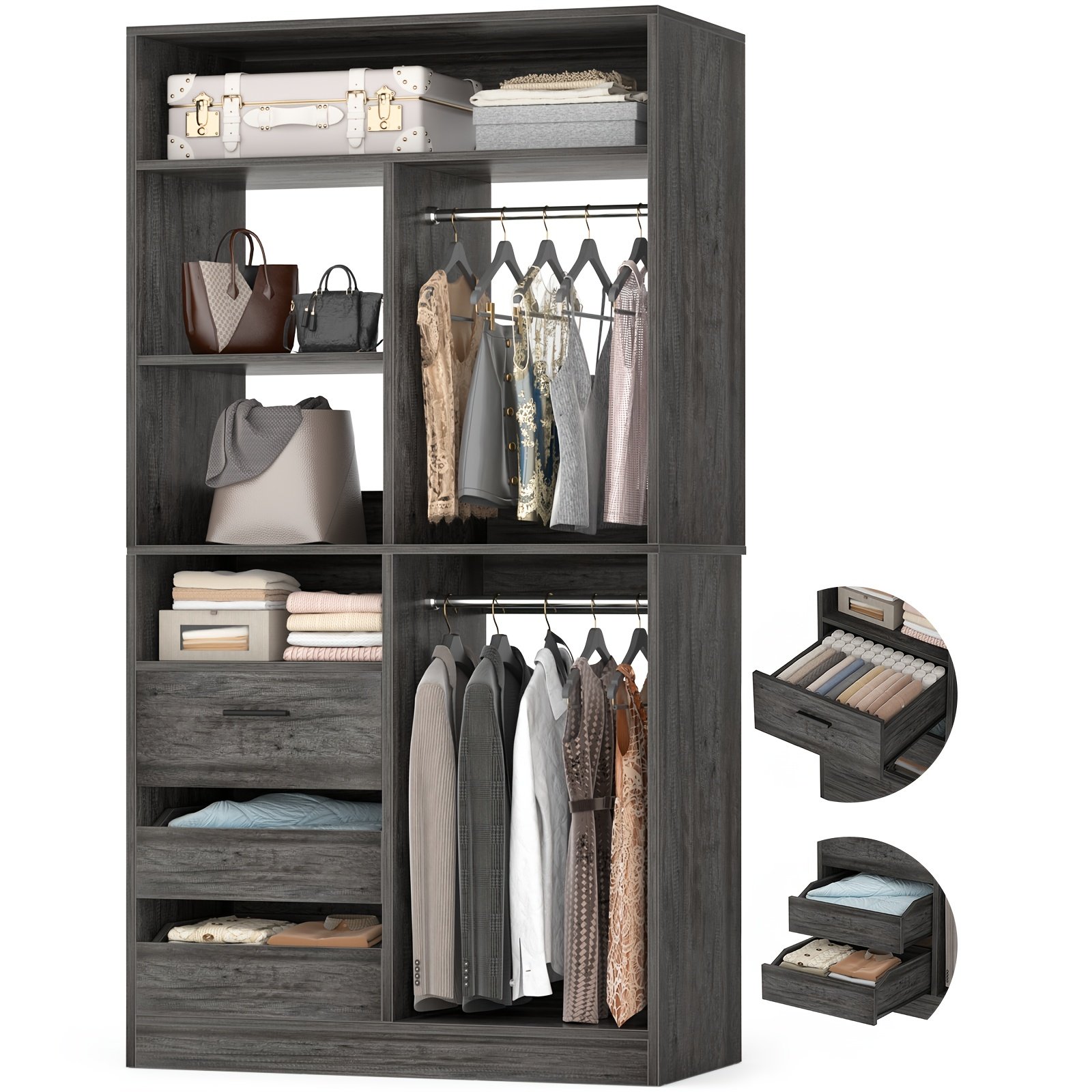 36Inch Closet System with 3 Drawers, 3ft Closet Organizer, Wood Closet Organizer System, Walk-in Closet Or Small Closets Wardrobe, Clothes Rack with 2 Hanging Rods And Storage Shelves, 36" L X 16" W X 80" H - Image 9