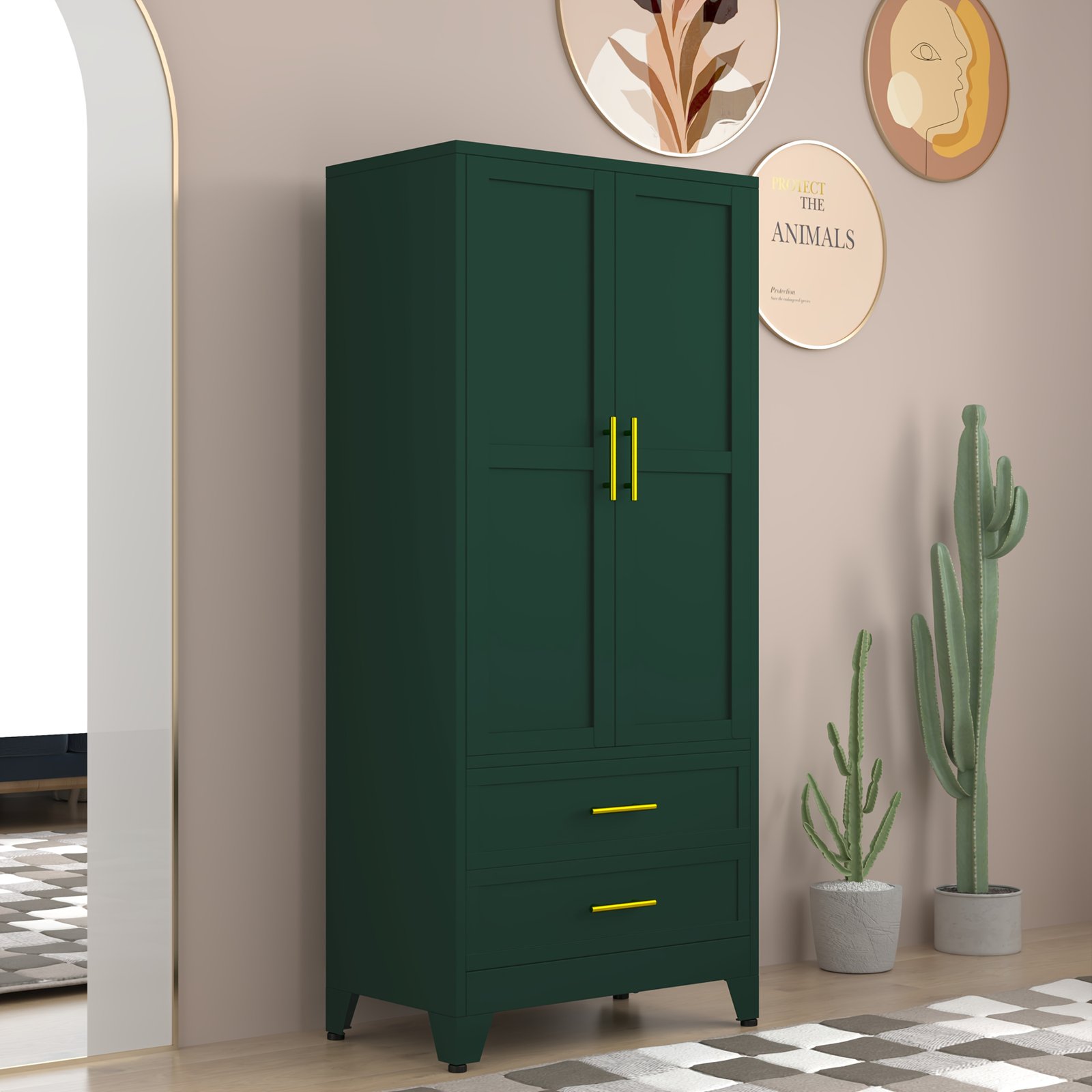 71 Inch Metal Clothing Storage Cabinet with 2 Doors, Golden Handle, 2 Adjustable Shelves, And 2 Drawers, Used for Independent Steel Wardrobes In Bedrooms, Gyms, And Cloakrooms - Image 9