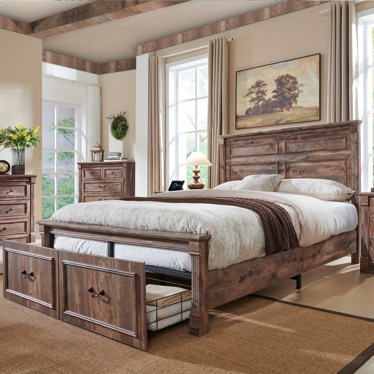 Farmhouse King/ Queen/ Full Size Bed Frame with Tall Headboard, Wood Platform Bed Frame with 20" Tall Roman Column Decoration Footboard & 3 Large Storage Drawers, No Box Spring Needed - Image 9
